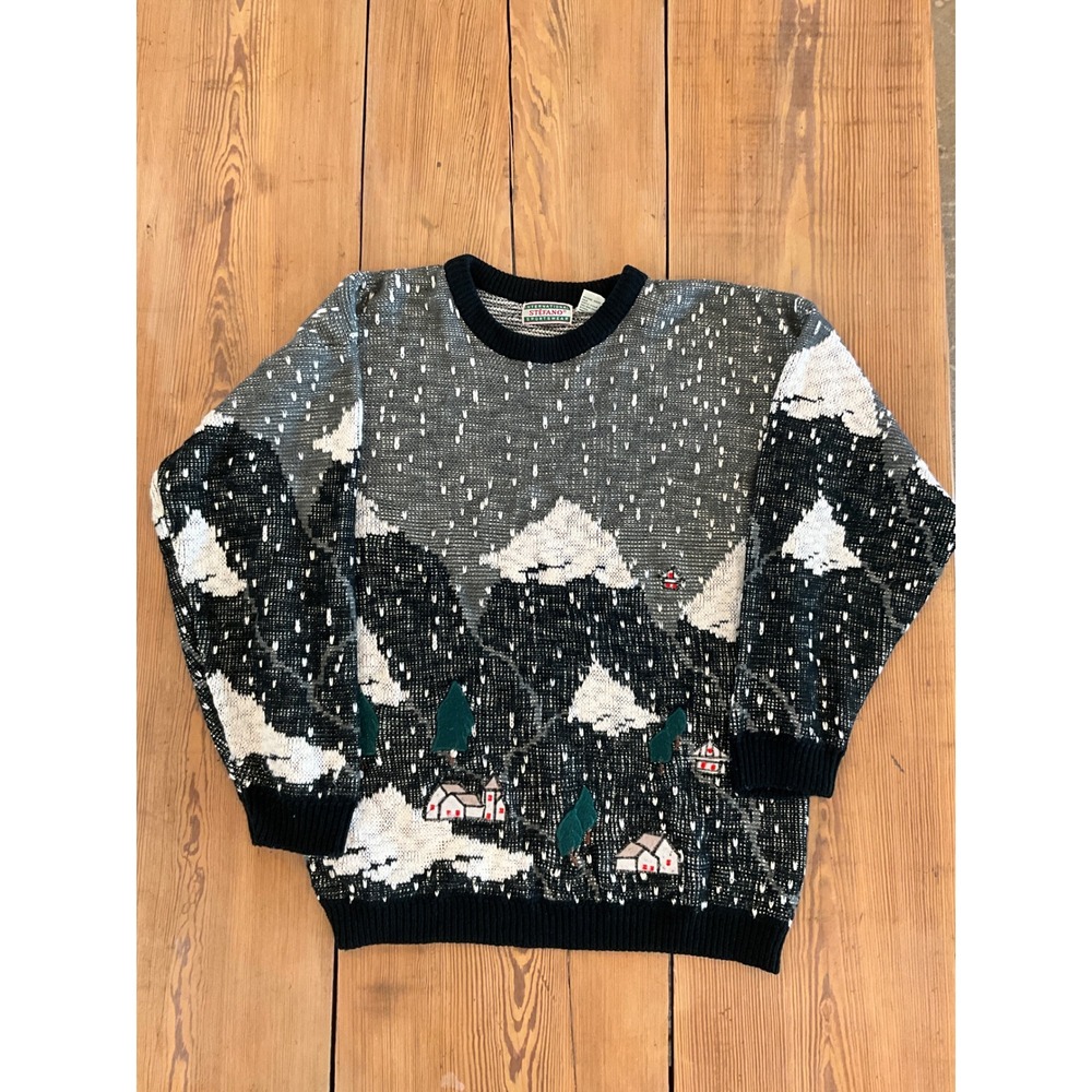 Vintage Stefano Sportswear Mens Mountain Scenic Knit Sweater Black Grey L